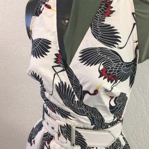 White crane halter “hostess” dress